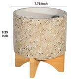 Mosaic Round Cement Planter on Wooden Stand, Medium, Beige and Brown