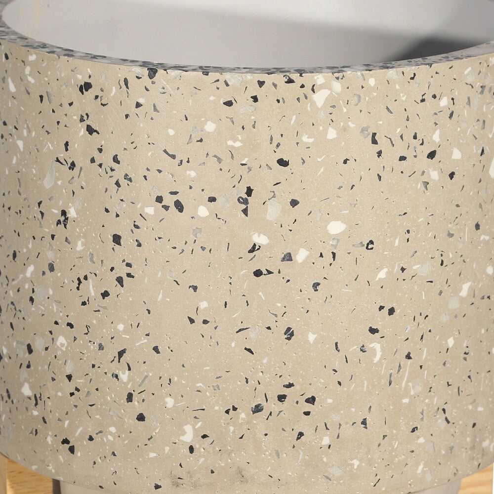 Mosaic Round Cement Planter on Wooden Stand, Medium, Beige and Brown