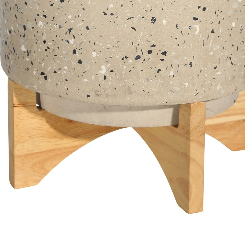 Mosaic Round Cement Planter on Wooden Stand, Medium, Beige and Brown