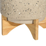 Mosaic Round Cement Planter on Wooden Stand, Medium, Beige and Brown