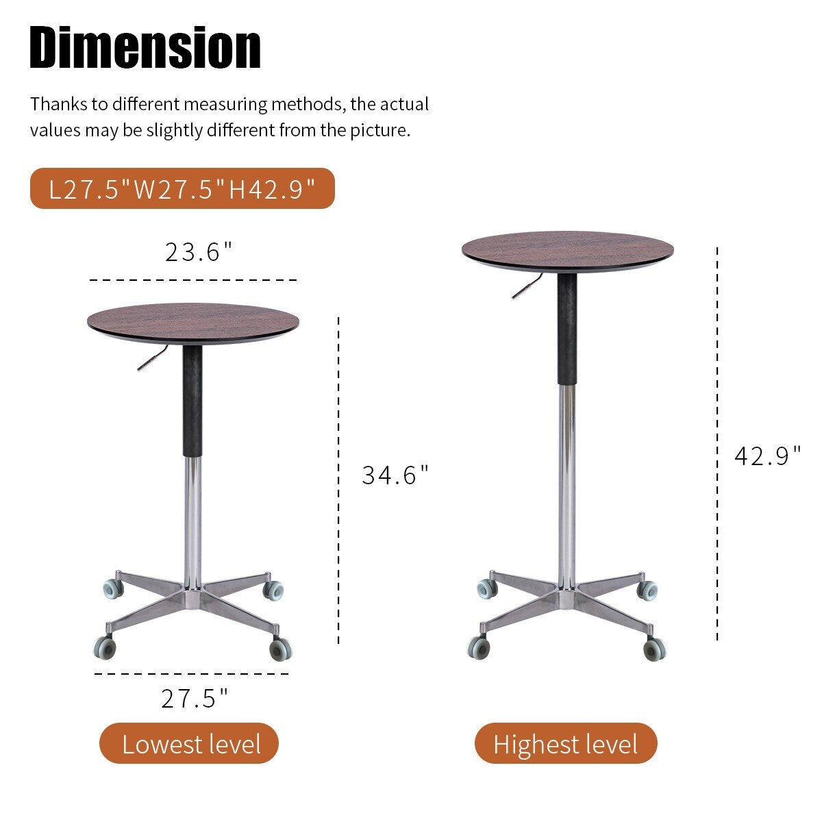 Standing Desk Adjustable Bar Pub Table with Castors - 27.50 x 27.50 x 42.90