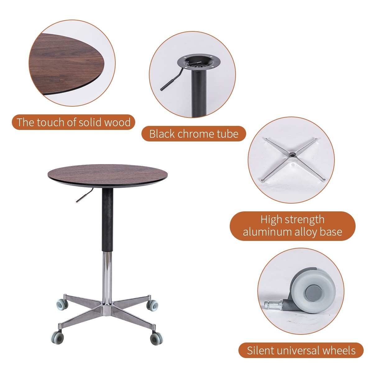 Standing Desk Adjustable Bar Pub Table with Castors - 27.50 x 27.50 x 42.90