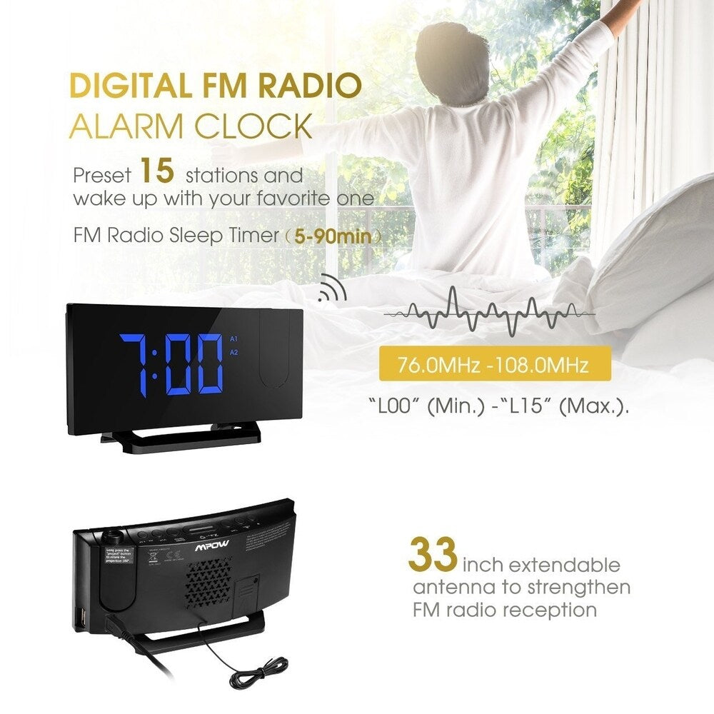 Mpow Projection Clock, FM Radio Alarm Clock, Curved-Screen Digital Alarm Clock