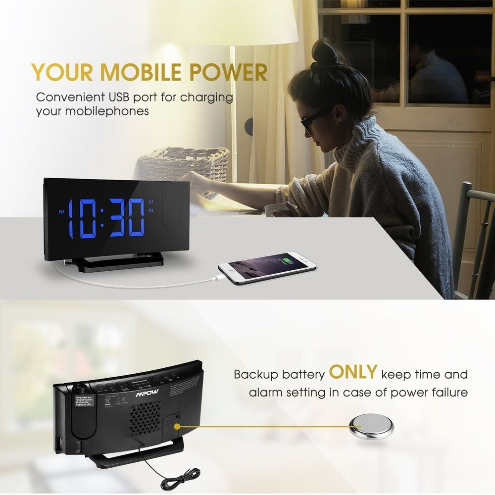 Mpow Projection Clock, FM Radio Alarm Clock, Curved-Screen Digital Alarm Clock