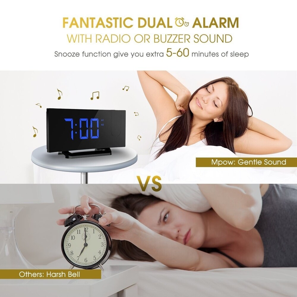 Mpow Projection Clock, FM Radio Alarm Clock, Curved-Screen Digital Alarm Clock