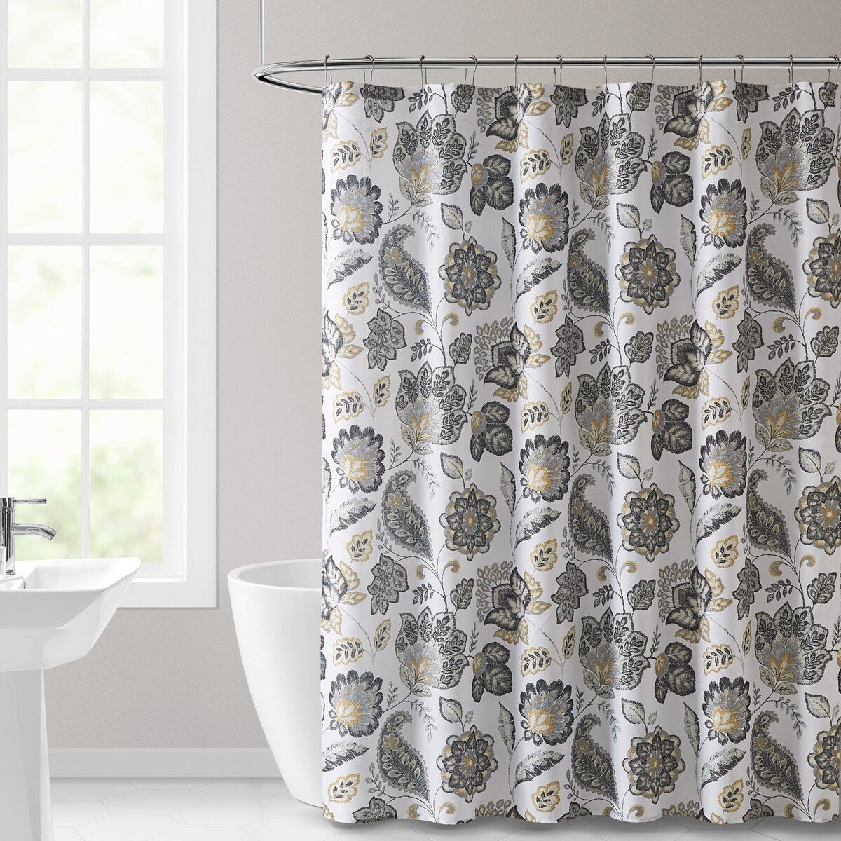 Mughal Indian Flowers Black and Yellow Shower Curtain Set