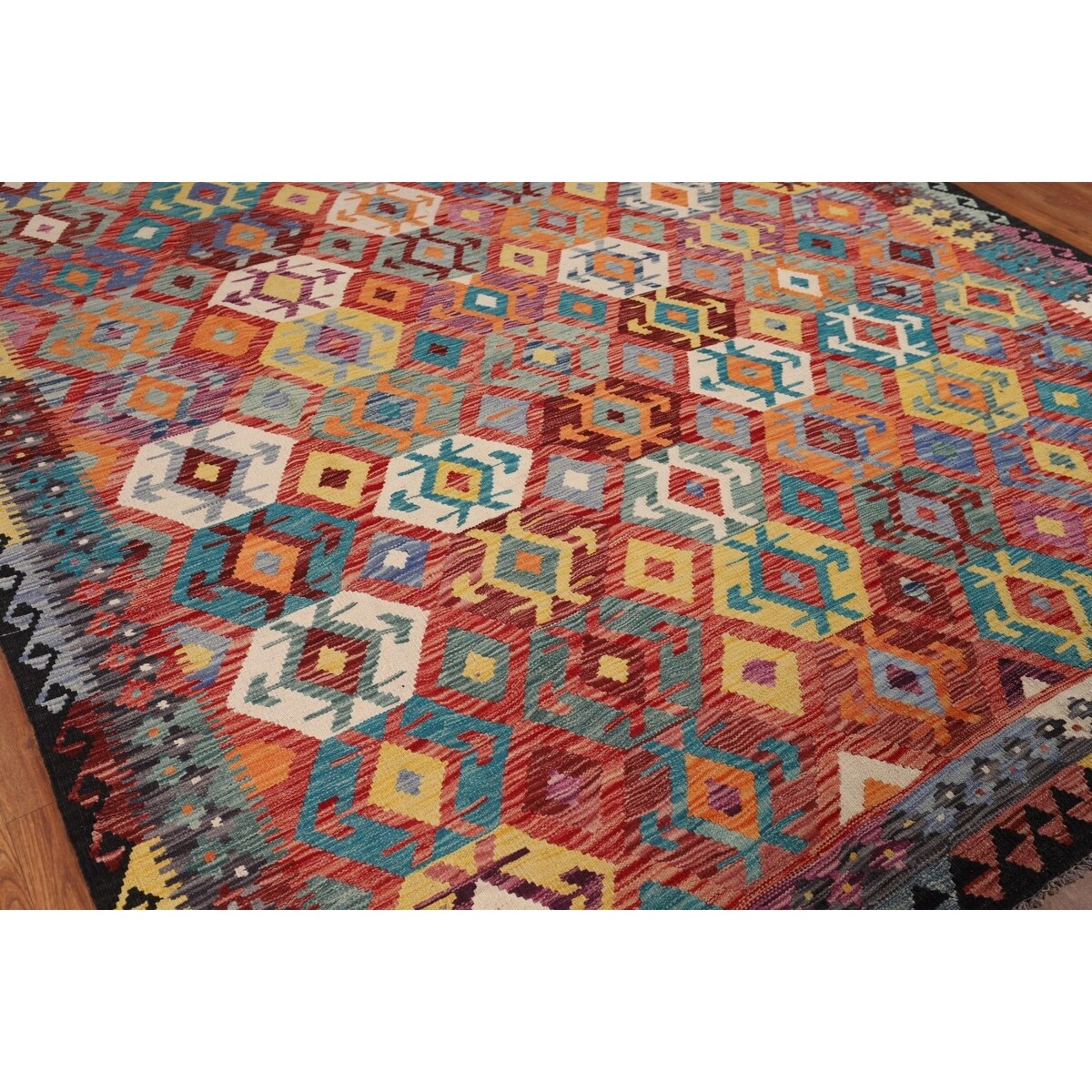 Multi-Color Geometric Kilim Area Rug Flatweave Wool Carpet - 8'5" x 9'6"