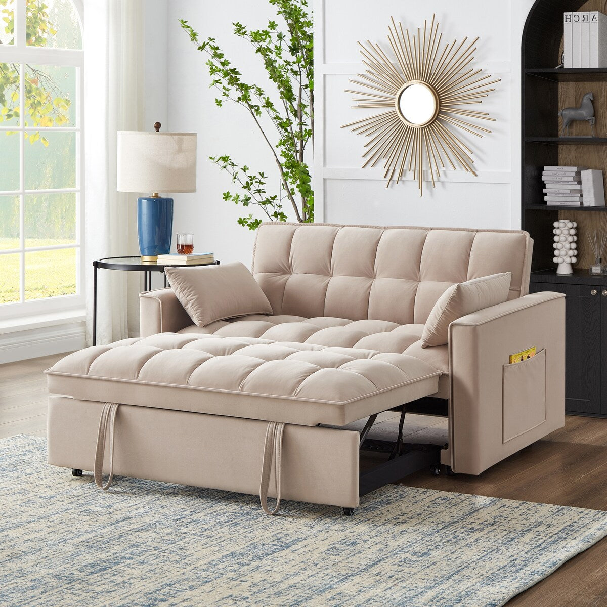 Multi-Function Tufted Pull-out Sofa Bed with Adjustable Backrest and Pillows, Convertible Loveseat Sofa Couch