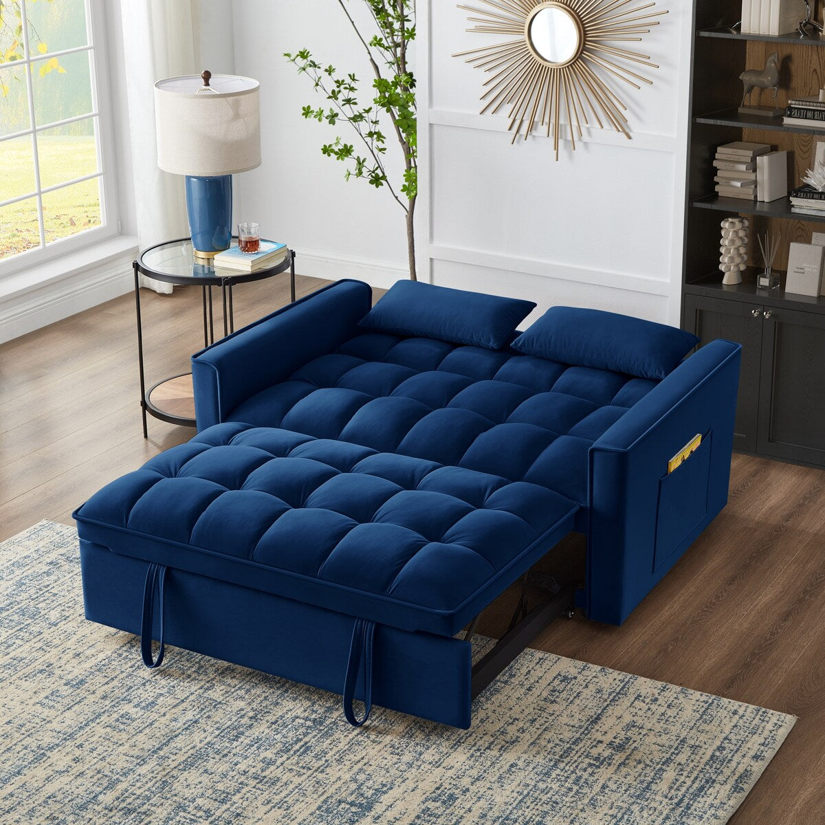 Multi-Function Tufted Pull-out Sofa Bed with Adjustable Backrest and Pillows, Convertible Loveseat Sofa Couch
