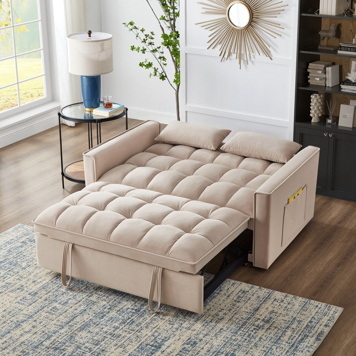 Multi-Function Tufted Pull-out Sofa Bed with Adjustable Backrest and Pillows, Convertible Loveseat Sofa Couch