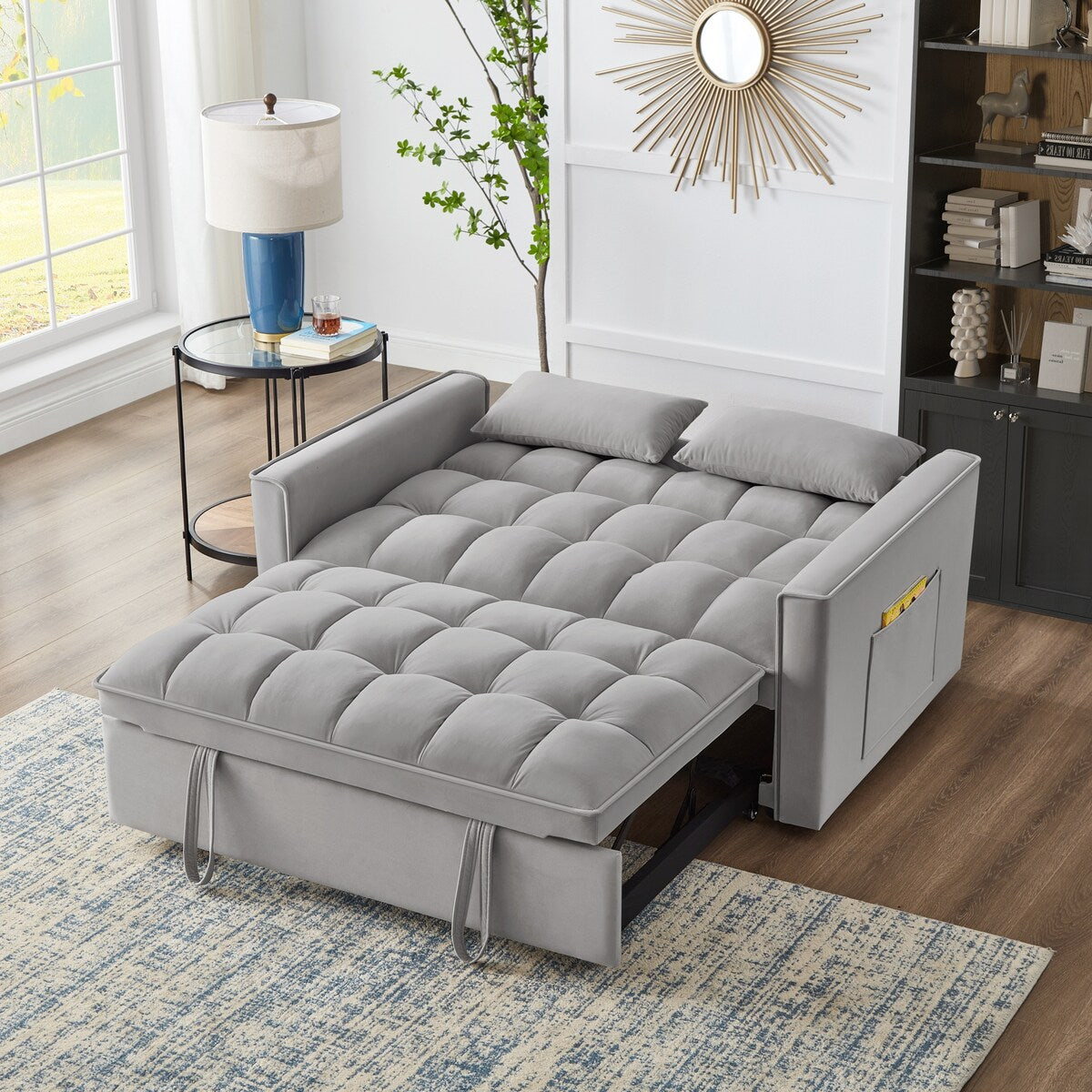 Multi-Function Tufted Pull-out Sofa Bed with Adjustable Backrest and Pillows, Convertible Loveseat Sofa Couch
