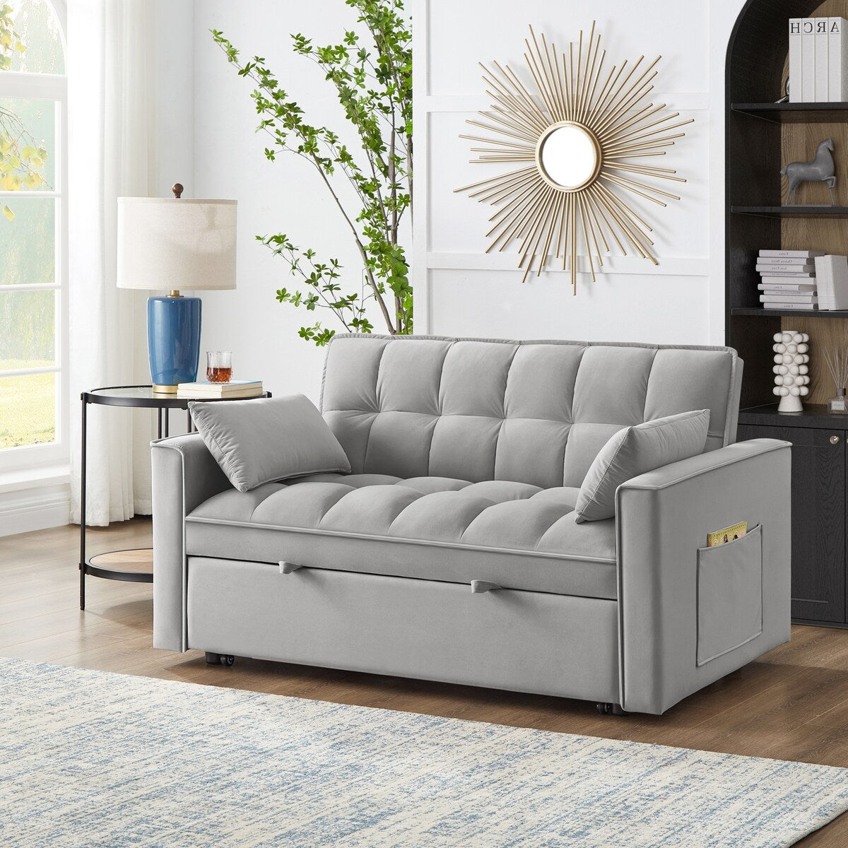 Multi-Function Tufted Pull-out Sofa Bed with Adjustable Backrest and Pillows, Convertible Loveseat Sofa Couch