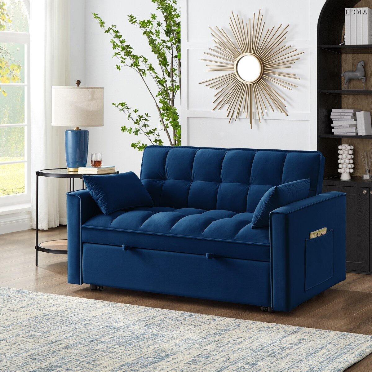 Multi-Function Tufted Pull-out Sofa Bed with Adjustable Backrest and Pillows, Convertible Loveseat Sofa Couch