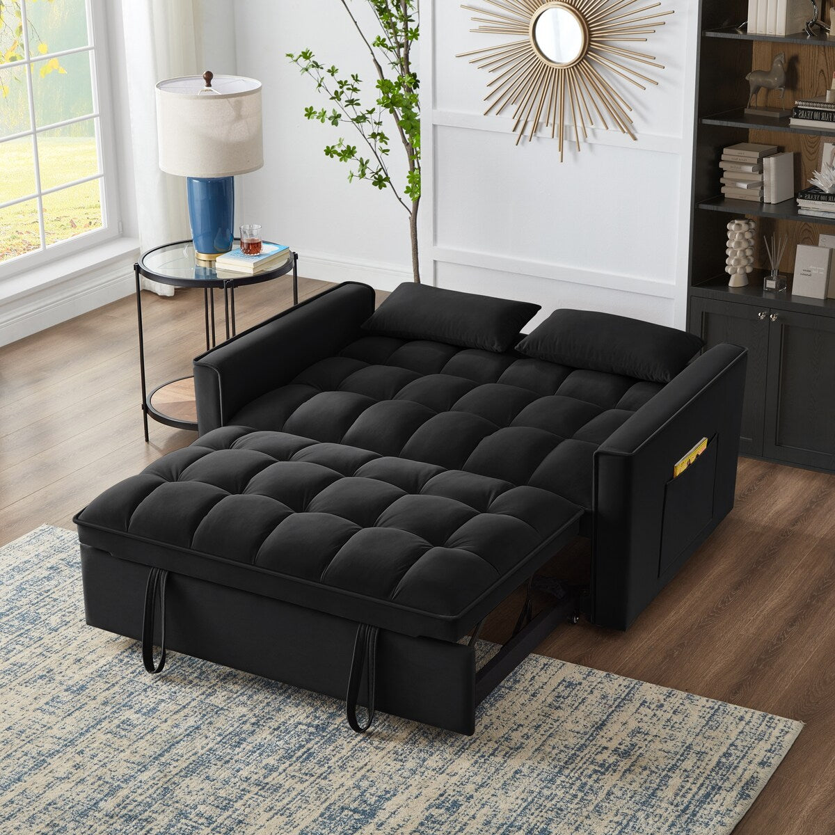 Multi-Function Tufted Pull-out Sofa Bed with Adjustable Backrest and Pillows, Convertible Loveseat Sofa Couch