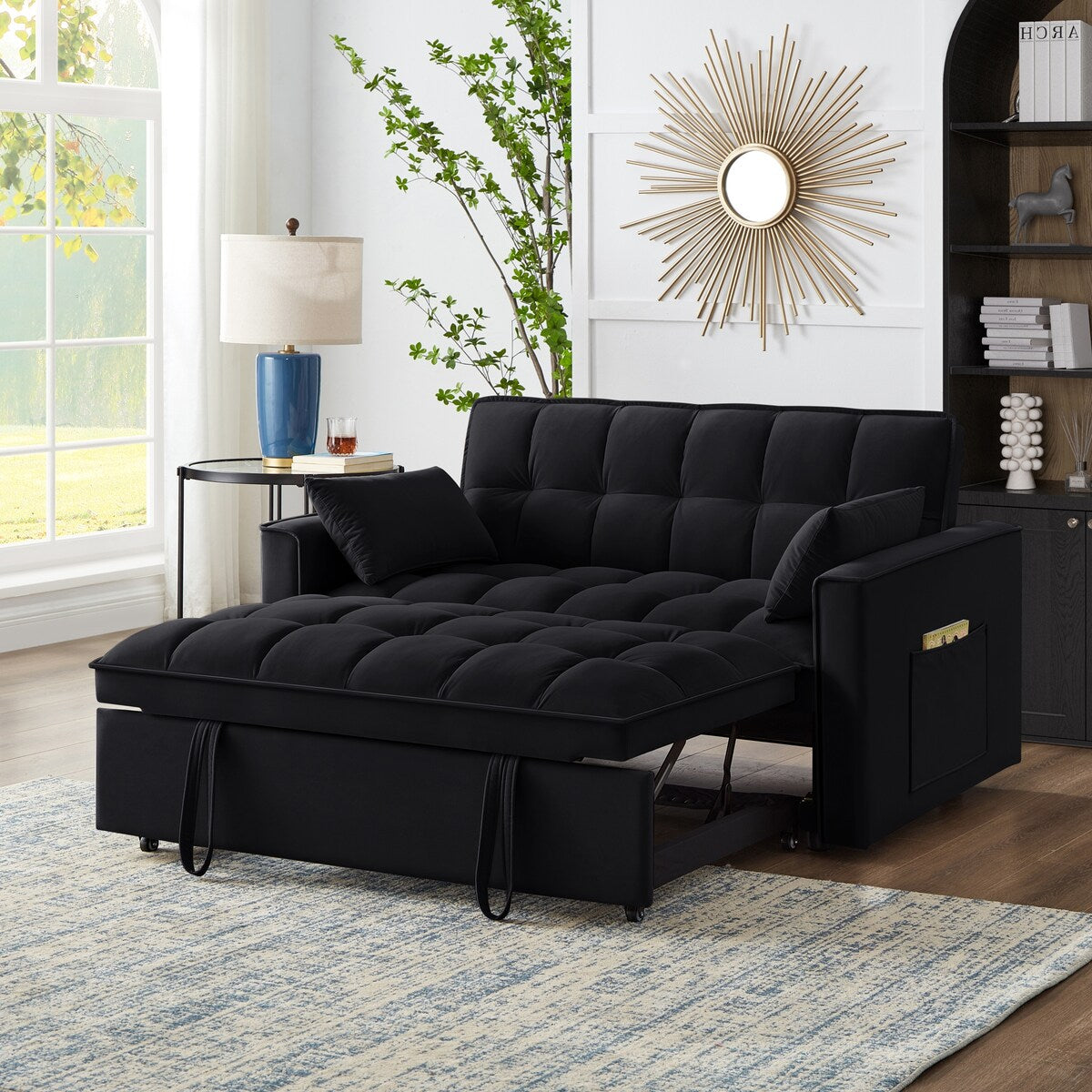 Multi-Function Tufted Pull-out Sofa Bed with Adjustable Backrest and Pillows, Convertible Loveseat Sofa Couch