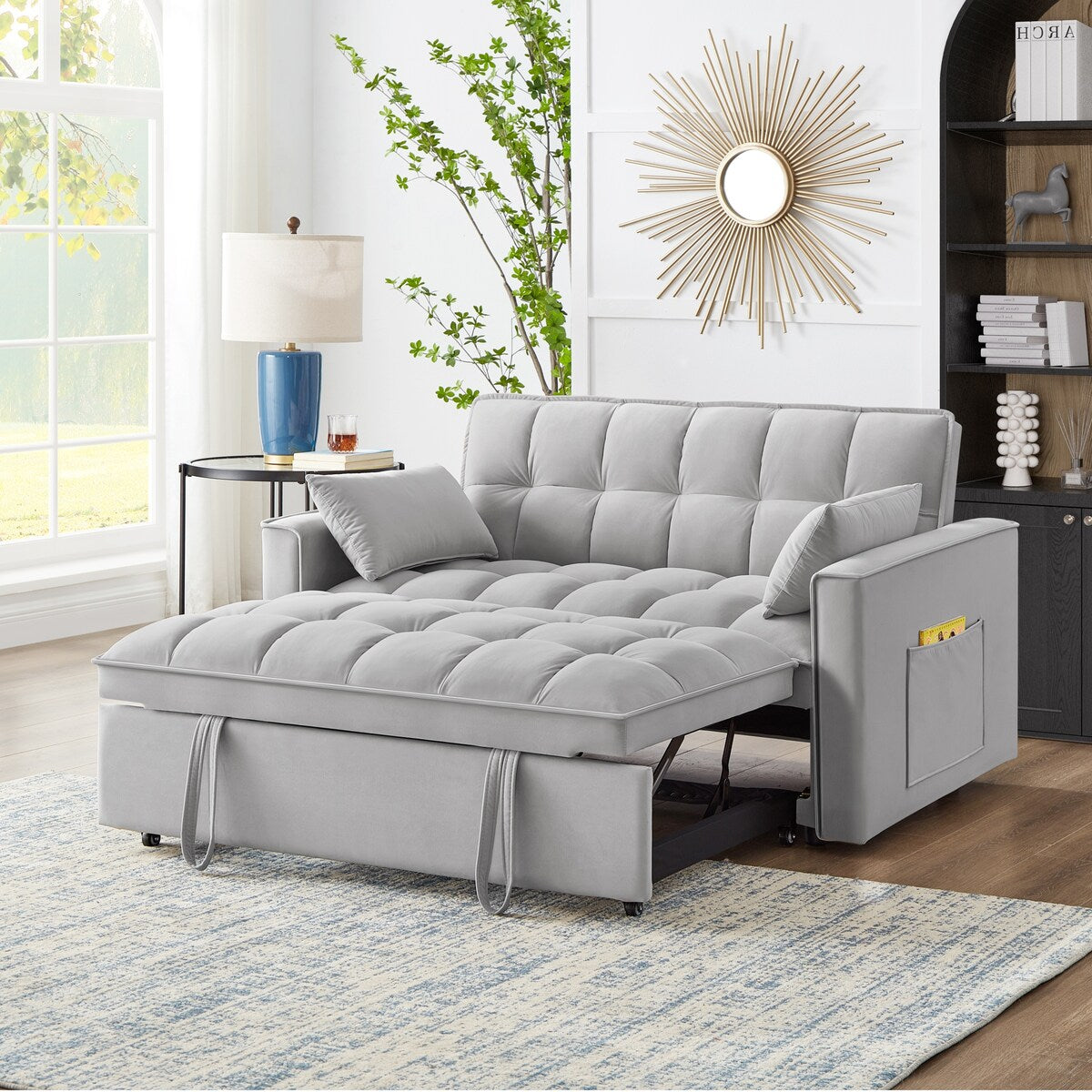 Multi-Function Tufted Pull-out Sofa Bed with Adjustable Backrest and Pillows, Convertible Loveseat Sofa Couch
