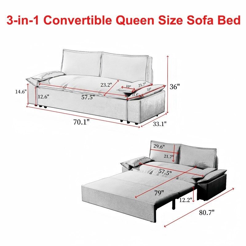 Multi-Functional 70" Queen Pull Out Sofa Bed, Convertible Sleeper Sofa with 2 Pillows