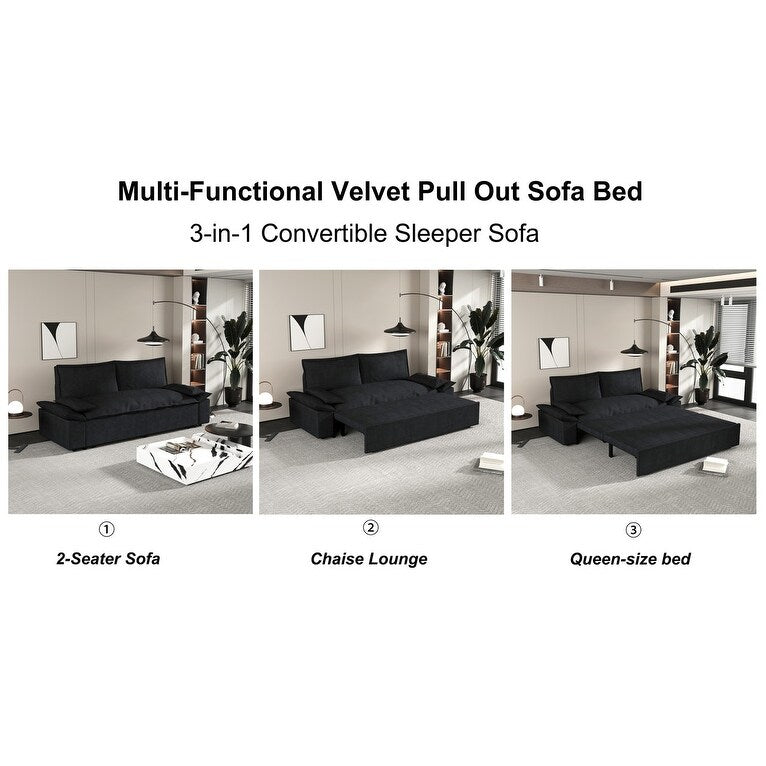 Multi-Functional 70" Queen Pull Out Sofa Bed, Convertible Sleeper Sofa with 2 Pillows