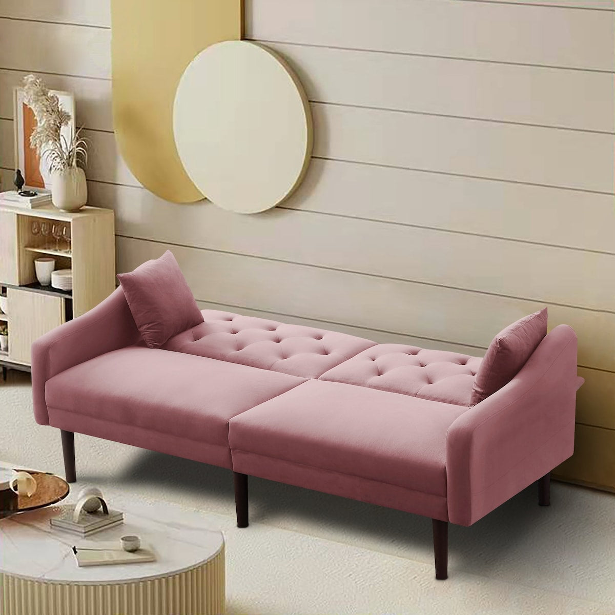 Multi-Functional Design Loveseat Sofa Velvet Upholstered Convertible Futon Sofa Sleeper Backrest Adjusting with 2 Pillows
