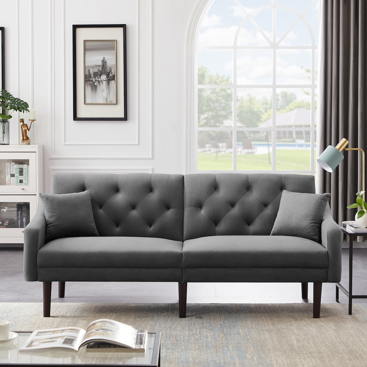 Multi-Functional Design Loveseat Sofa Velvet Upholstered Convertible Futon Sofa Sleeper Backrest Adjusting with 2 Pillows