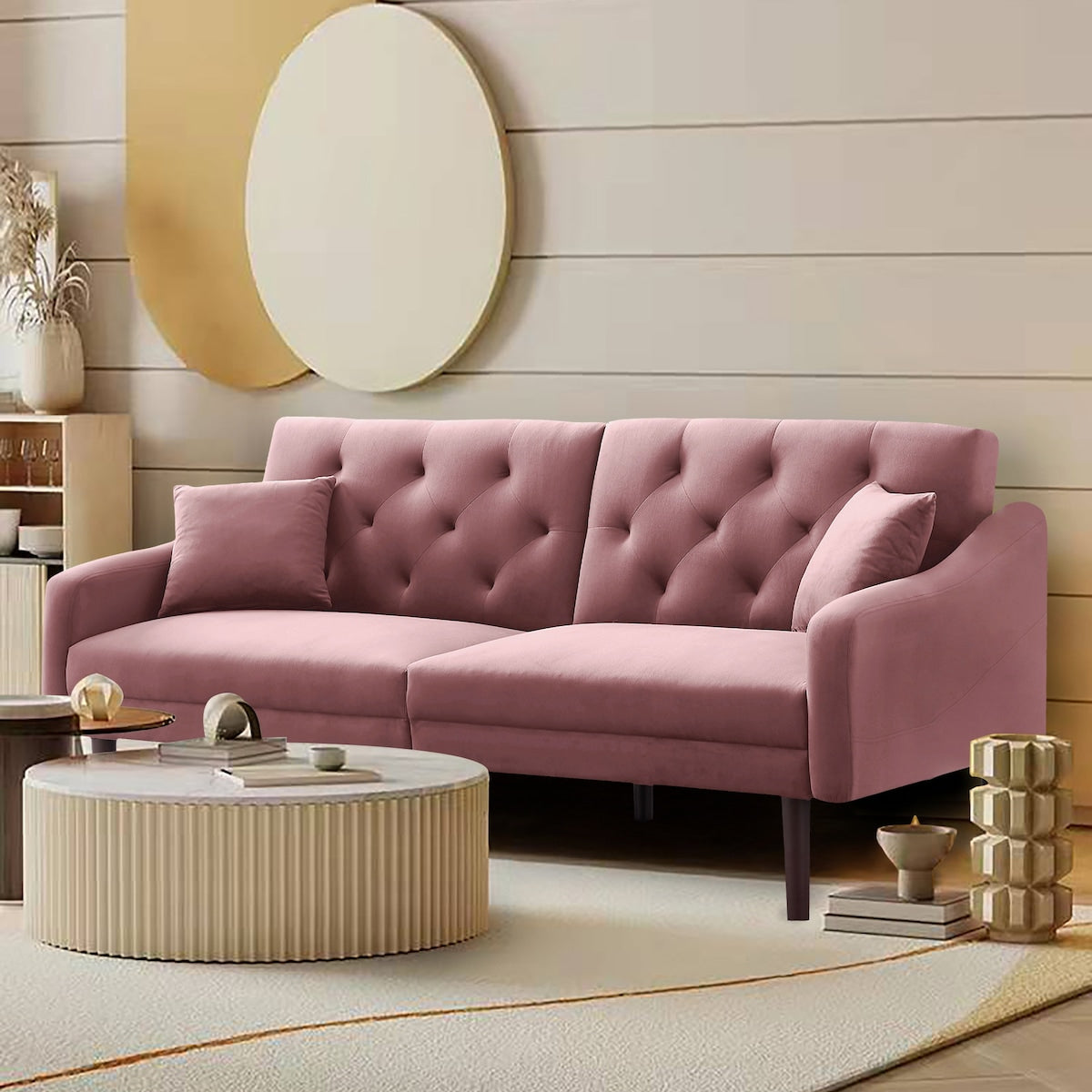 Multi-Functional Design Loveseat Sofa Velvet Upholstered Convertible Futon Sofa Sleeper Backrest Adjusting with 2 Pillows