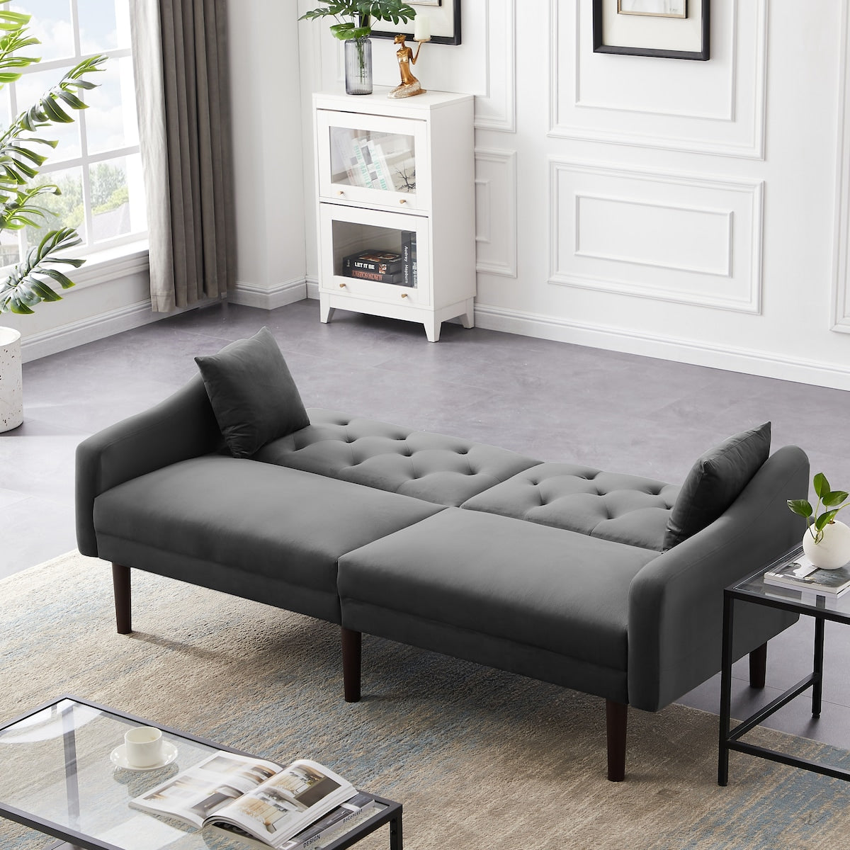 Multi-Functional Design Loveseat Sofa Velvet Upholstered Convertible Futon Sofa Sleeper Backrest Adjusting with 2 Pillows