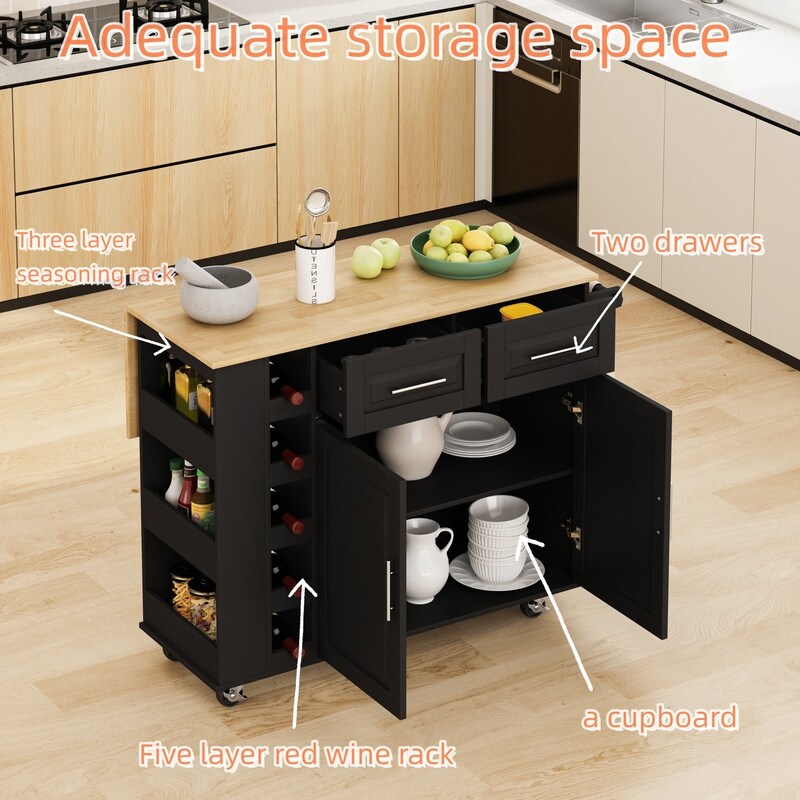 Multi-Functional Kitchen Island Cart with Cabinet and Drawers,Spice Rack, Towel Holder, Wine Rack