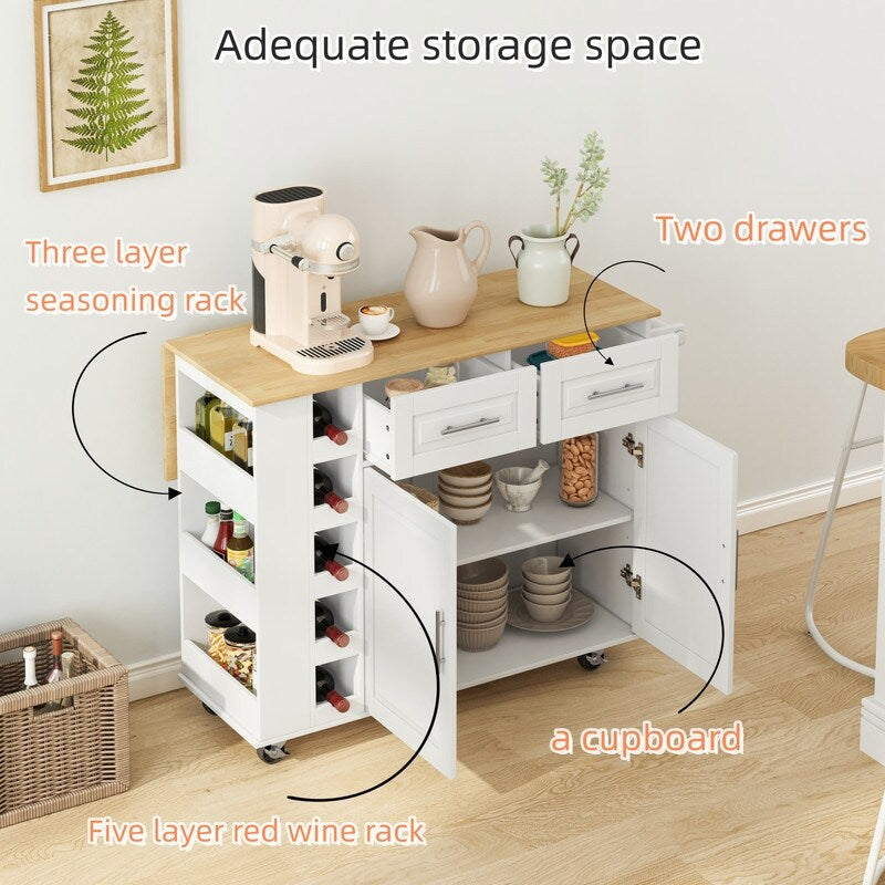 Multi-Functional Kitchen Island Cart with Cabinet and Drawers,Spice Rack, Towel Holder, Wine Rack