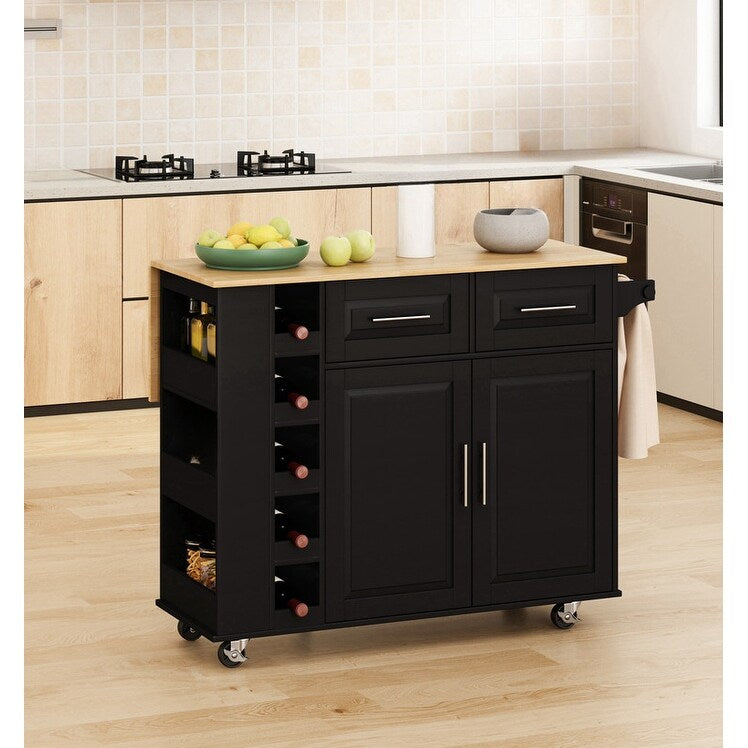 Multi-Functional Kitchen Island Cart with Cabinet and Drawers,Spice Rack, Towel Holder, Wine Rack
