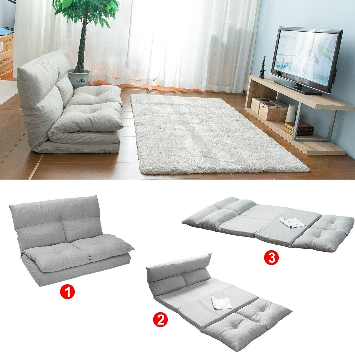 Multi-functional Fabric Folding Chaise Lounge Floor Sofa, 5 Levels For Adjustment Both on the Head Place and Waist(Gray)