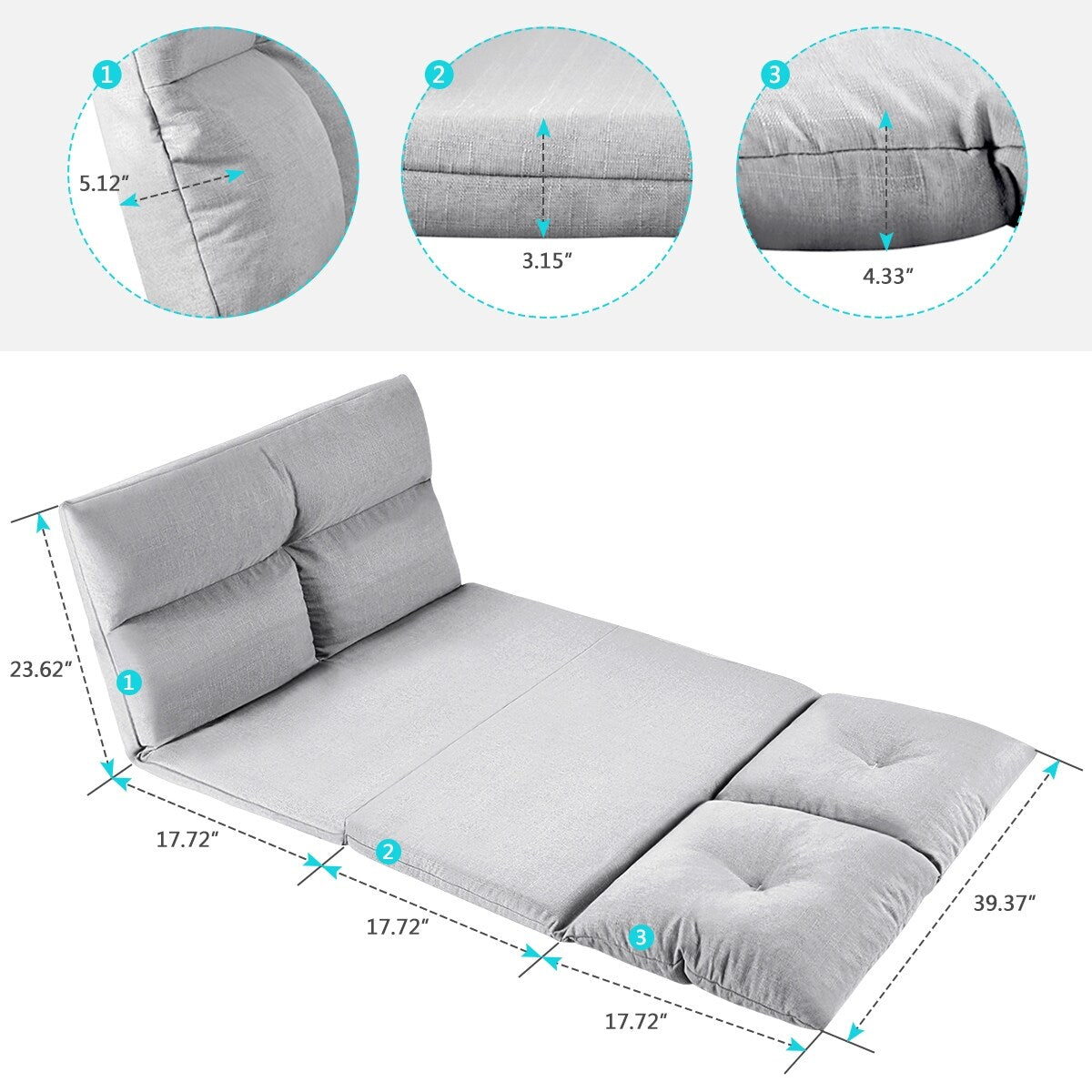 Multi-functional Fabric Folding Chaise Lounge Floor Sofa, 5 Levels For Adjustment Both on the Head Place and Waist(Gray)