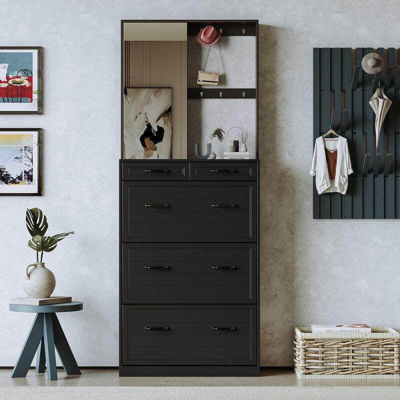 Multi-functional Shoe Cabinet with 3 Flip Drawers,Elegant Hall Tree with Mirror,Entryway Shoe Rack with 6 Hanging Hooks