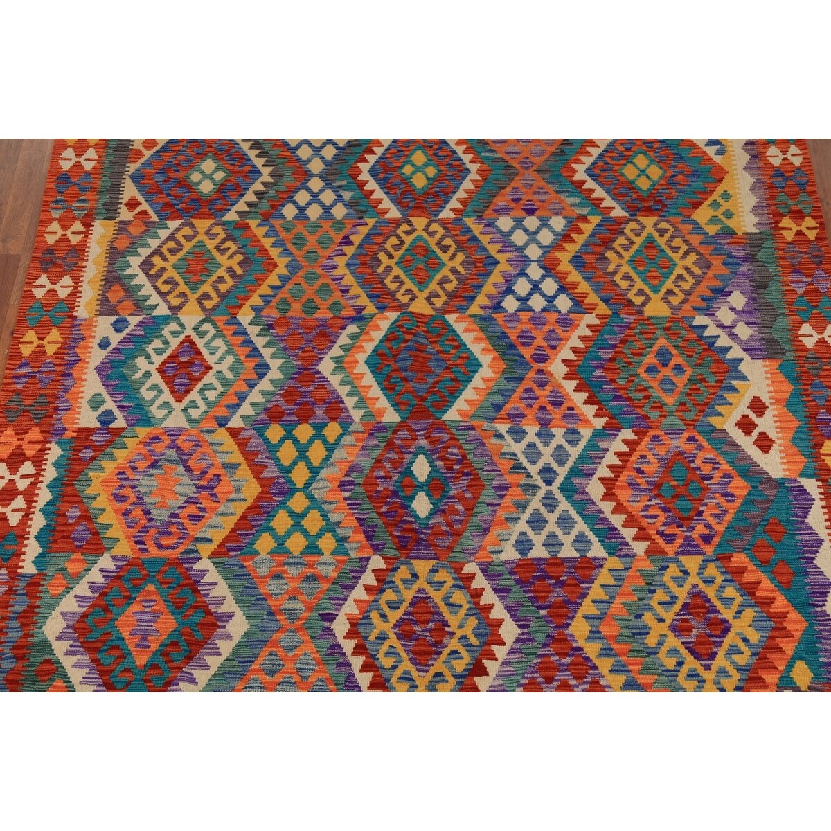 Multicolor Geometric Kilim Oriental Area Rug Hand-Woven Wool Carpet - 8'2" x 9'6"