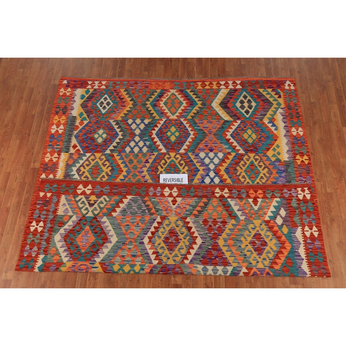 Multicolor Geometric Kilim Oriental Area Rug Hand-Woven Wool Carpet - 8'2" x 9'6"