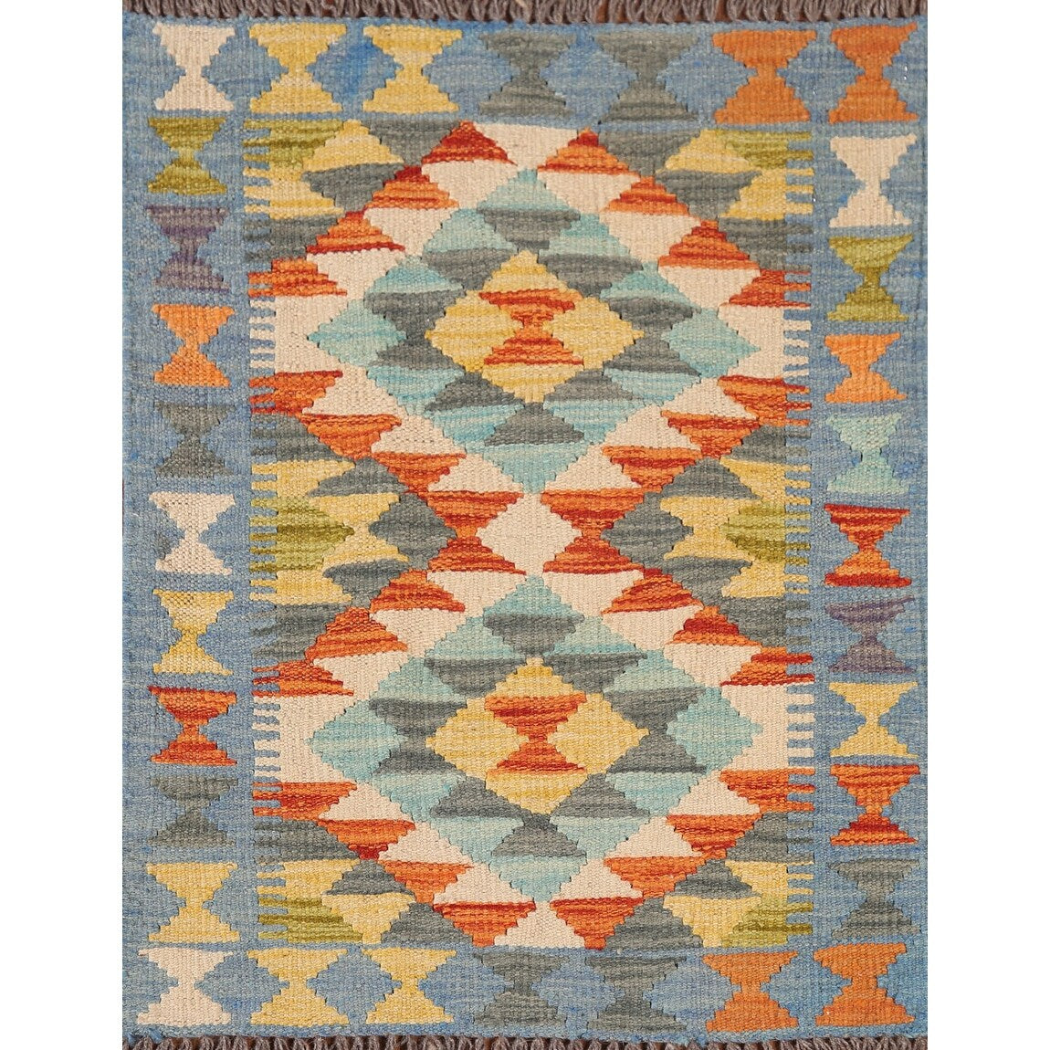Multicolor Kilim Reversible Rug Flatweave Geometric Foyer Wool Carpet - 1'10"x 2'6"