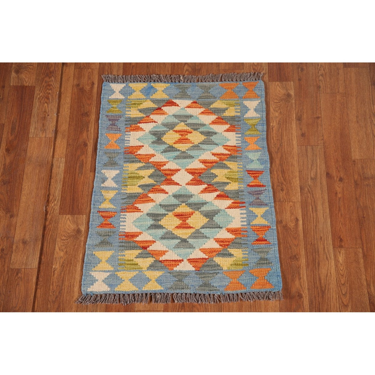 Multicolor Kilim Reversible Rug Flatweave Geometric Foyer Wool Carpet - 1'10"x 2'6"