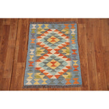 Multicolor Kilim Reversible Rug Flatweave Geometric Foyer Wool Carpet - 1'10"x 2'6"