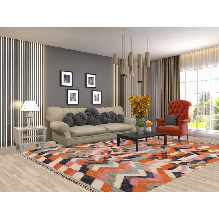 Multicolor Plush Moroccan Area Rug Handmade Geometric Wool Carpet - 7'10" x 10'7"
