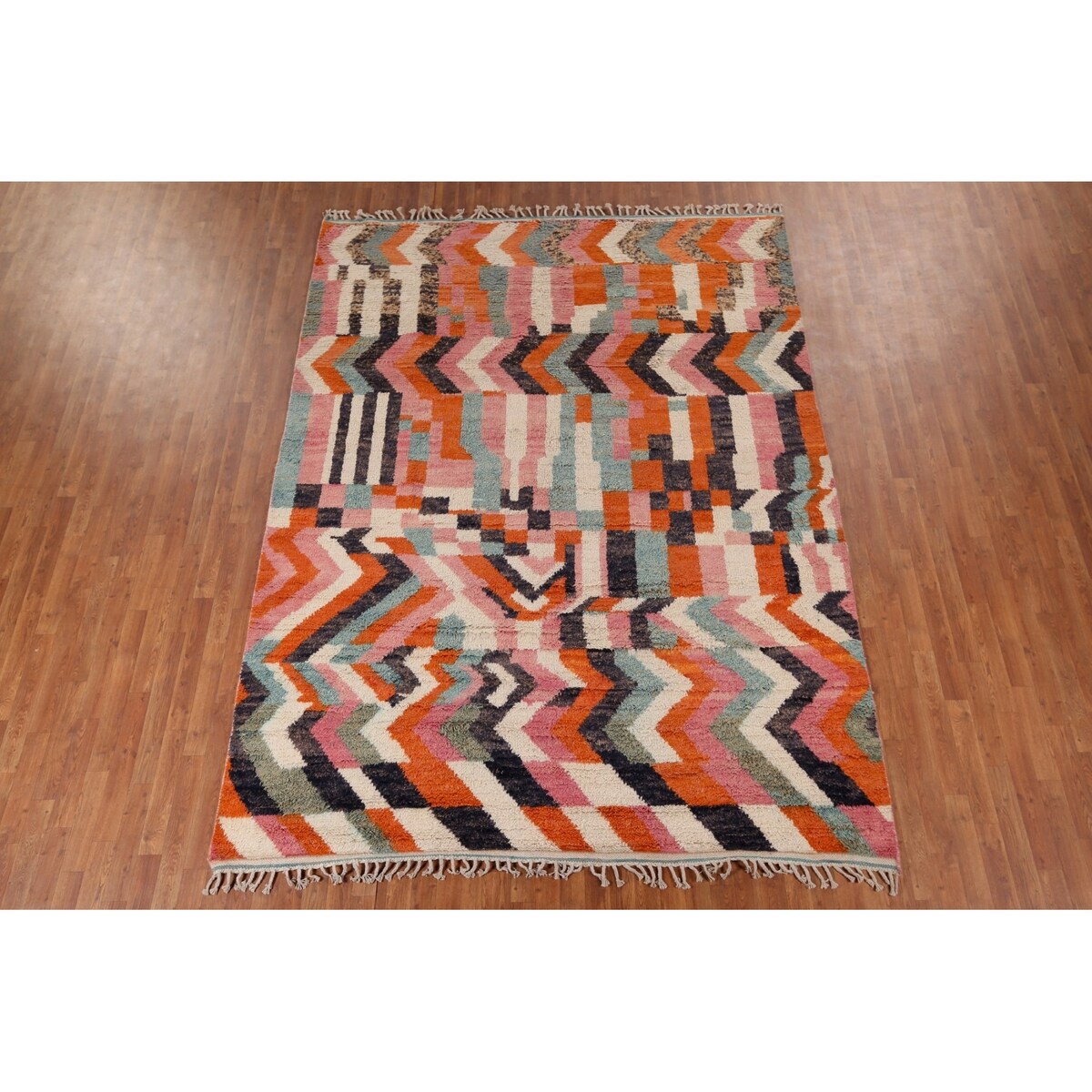 Multicolor Plush Moroccan Area Rug Handmade Geometric Wool Carpet - 7'10" x 10'7"