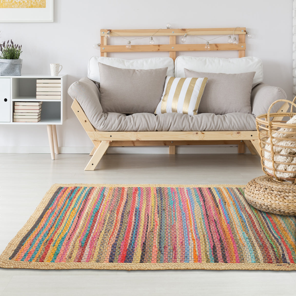 Sevita Boho Multicolored Stripes Jute Bordered Accent Rug