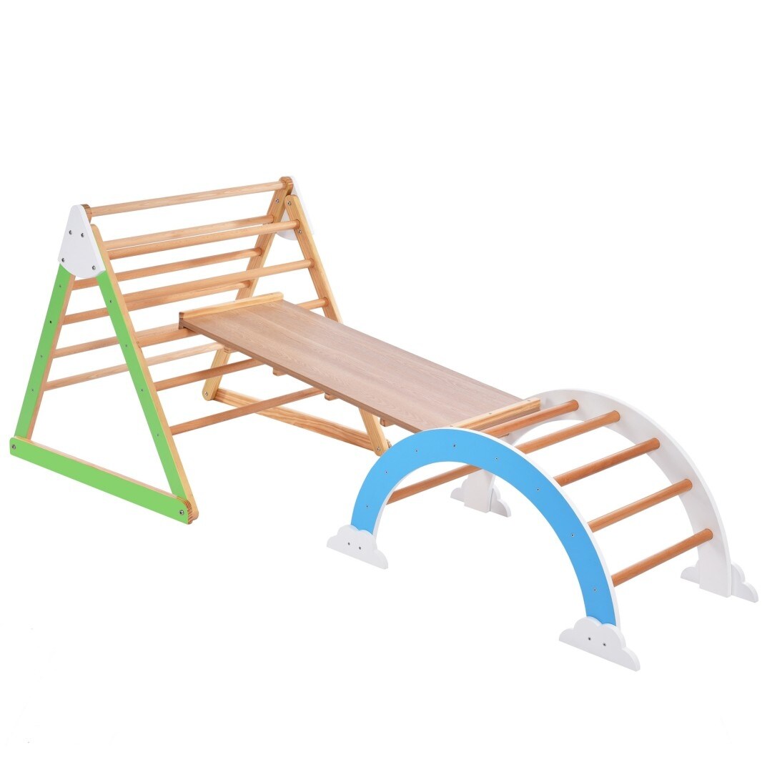 Multifunction Playset Natural Wood Playground - 90.00"L * 31.50"W * 32.00"H