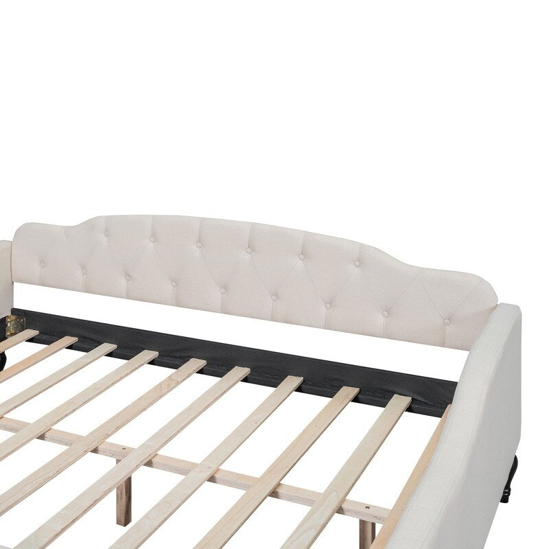 Multifunctional Design Wood Bed Frame Full Size Upholstered Tufted Daybed Bedroom Furniture Kids Bed, Beige