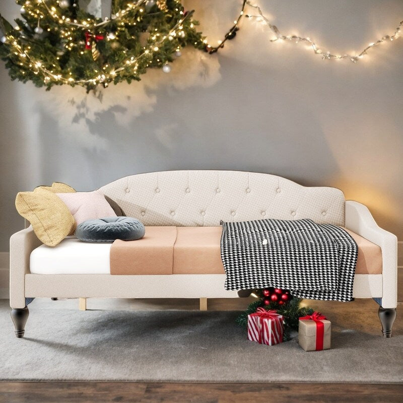 Multifunctional Design Wood Bed Frame Full Size Upholstered Tufted Daybed Bedroom Furniture Kids Bed, Beige