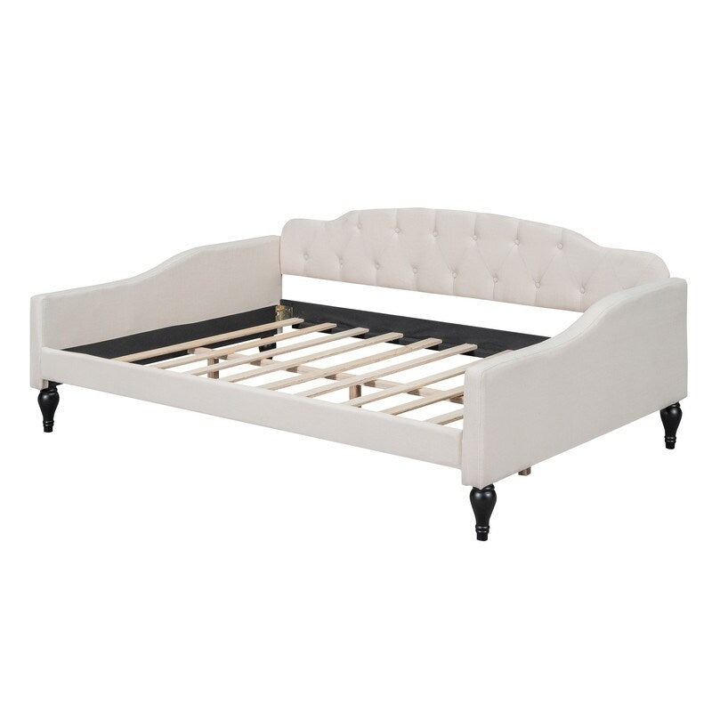 Multifunctional Design Wood Bed Frame Full Size Upholstered Tufted Daybed Bedroom Furniture Kids Bed, Beige