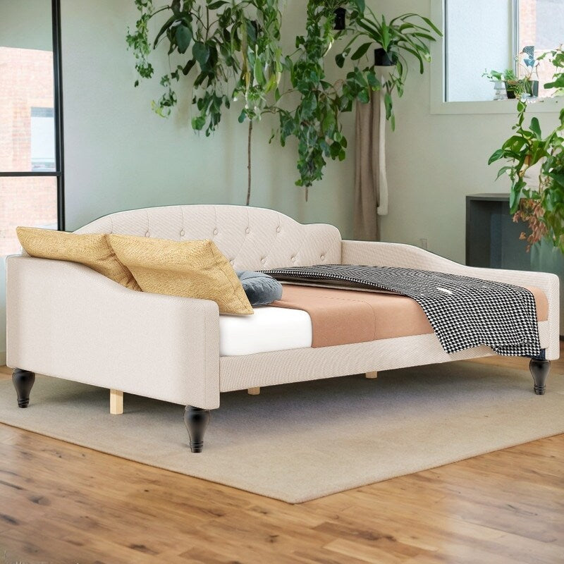 Multifunctional Design Wood Bed Frame Full Size Upholstered Tufted Daybed Bedroom Furniture Kids Bed, Beige