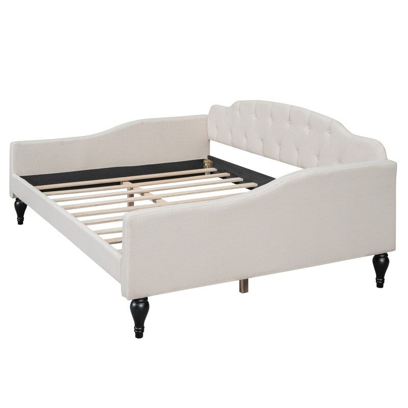 Multifunctional Design Wood Bed Frame Full Size Upholstered Tufted Daybed Bedroom Furniture Kids Bed, Beige