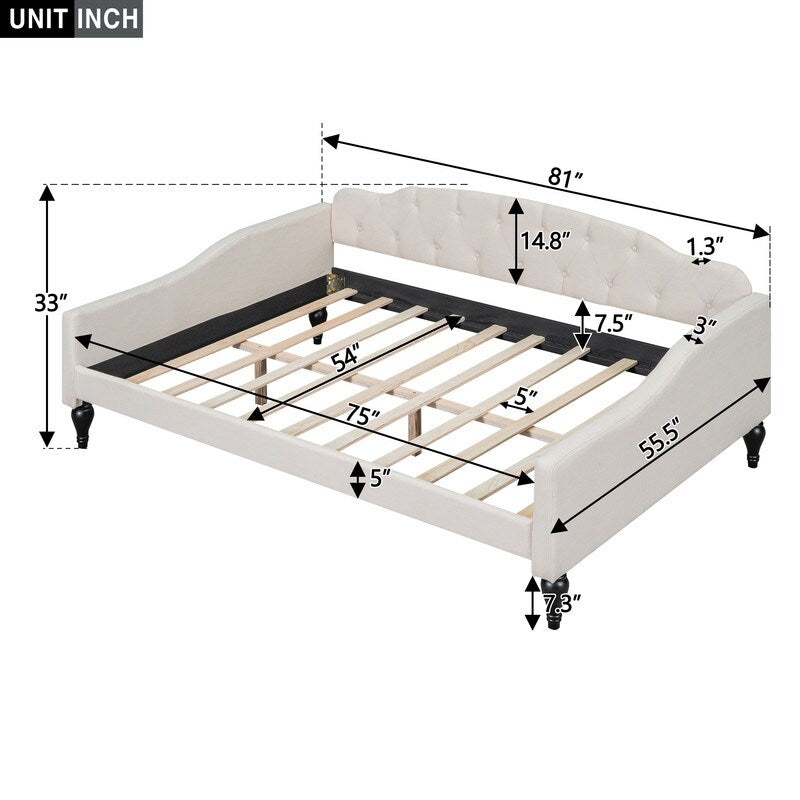 Multifunctional Design Wood Bed Frame Full Size Upholstered Tufted Daybed Bedroom Furniture Kids Bed, Beige