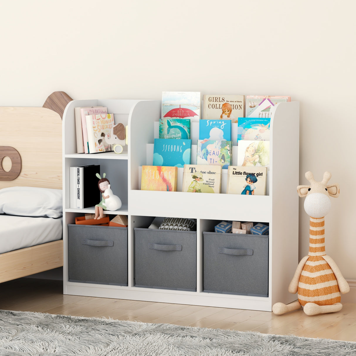 Multifunctional Kids Bookcase with 3 Collapsible Fabric Drawers