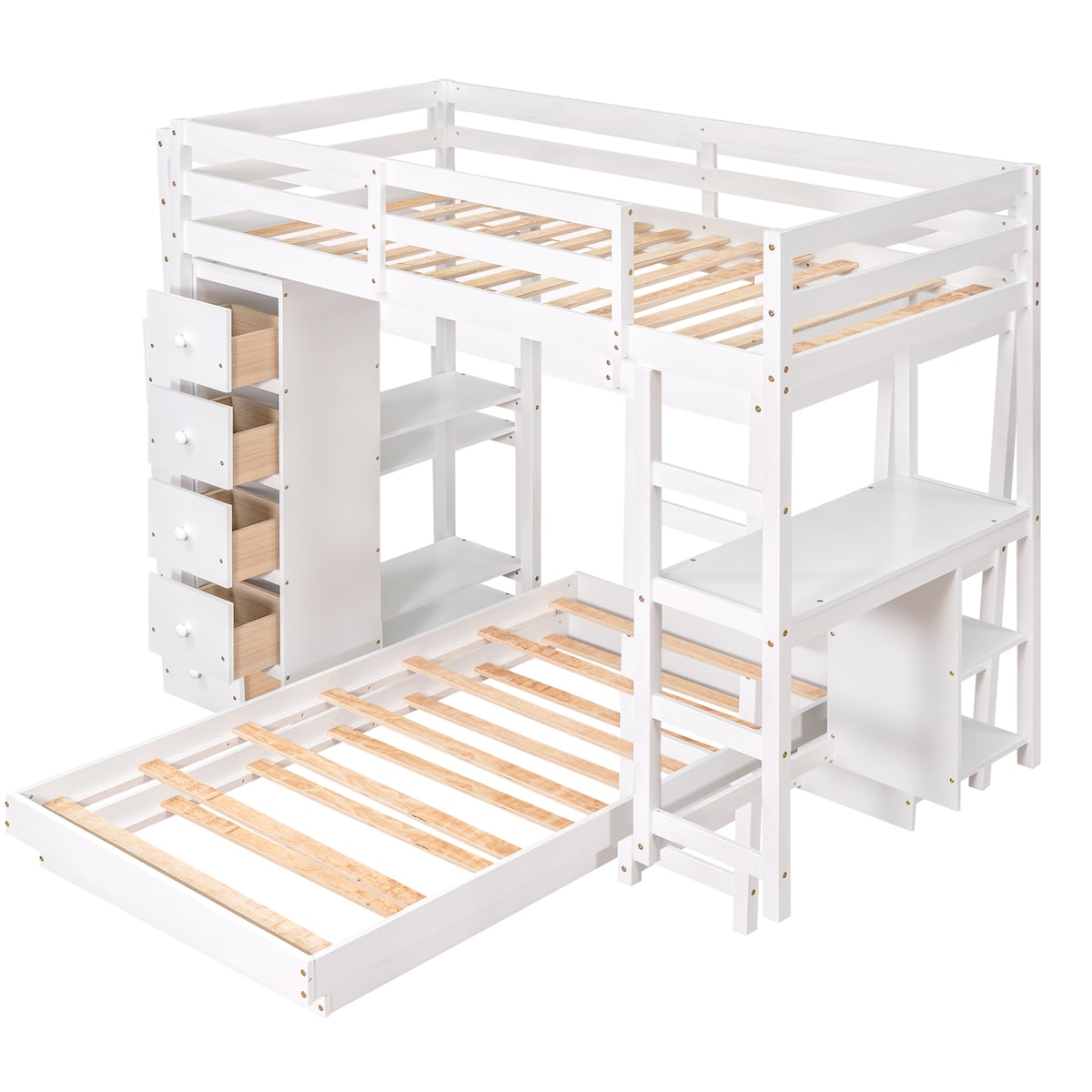 Multifunctional White Wood Twin over Twin Bunk Loft Bed with Drawers, Shelves and Desk, 79.9''L*77.5''W*65''H, 188LBS