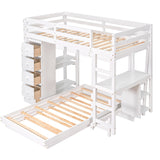 Multifunctional White Wood Twin over Twin Bunk Loft Bed with Drawers, Shelves and Desk, 79.9''L*77.5''W*65''H, 188LBS